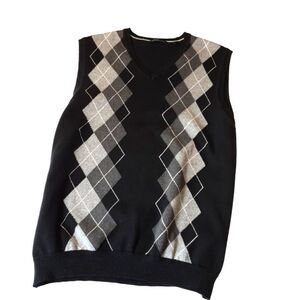 VAN HEUSEN Argyle Sweater Vest Black Gray V-Neck  Classic Retro Size L